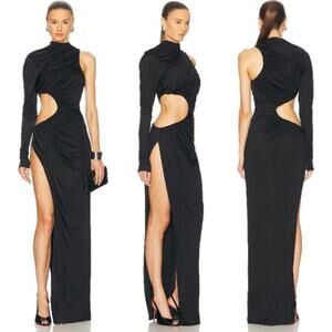 Atlein | NWT One Sleeve Ruched Cut Out Dress in Black Jersey Maxi FR 34 / XS